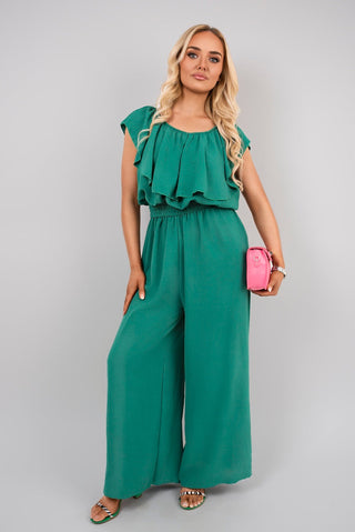 Off Shoulder Flared Wide Leg Jumpsuit with Ruffle Detail