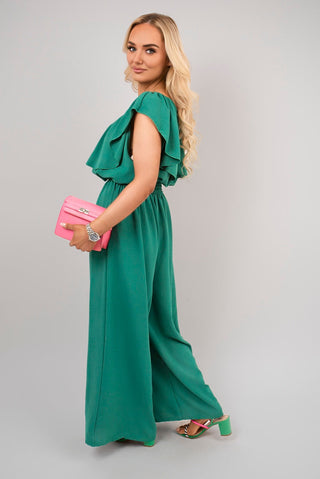 Off Shoulder Flared Wide Leg Jumpsuit with Ruffle Detail