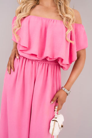 Off Shoulder Flared Wide Leg Jumpsuit with Ruffle Detail