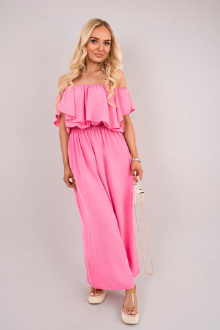 Off Shoulder Flared Wide Leg Jumpsuit with Ruffle Detail