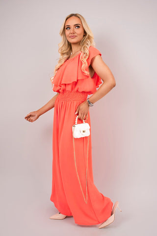 Off Shoulder Flared Wide Leg Jumpsuit with Ruffle Detail