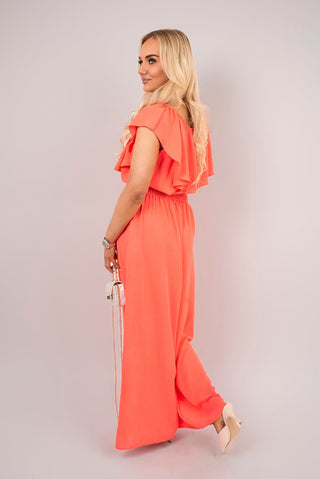 Off Shoulder Flared Wide Leg Jumpsuit with Ruffle Detail