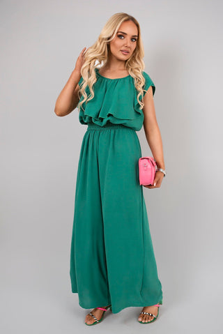 Off Shoulder Flared Wide Leg Jumpsuit with Ruffle Detail