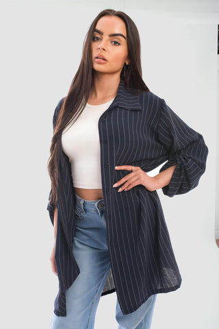 Oversized Long Sleeve Glitter Striped Button Down Shirt