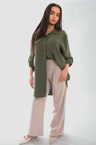 Oversized Long Sleeve Glitter Striped Button Down Shirt