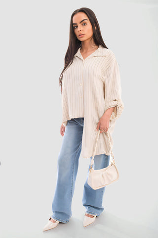 Oversized Long Sleeve Glitter Striped Button Down Shirt