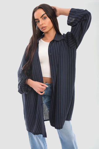 Oversized Long Sleeve Glitter Striped Button Down Shirt