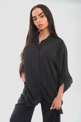 Oversized Long Sleeve Glitter Striped Button Down Shirt