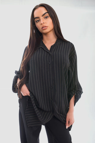 Oversized Long Sleeve Glitter Striped Button Down Shirt