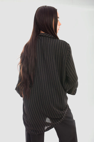 Oversized Long Sleeve Glitter Striped Button Down Shirt