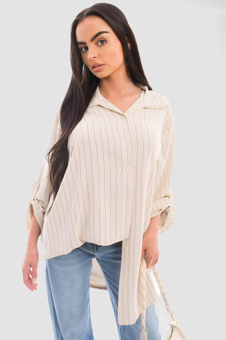 Oversized Long Sleeve Glitter Striped Button Down Shirt