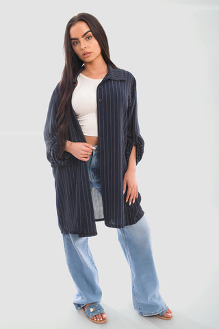 Oversized Long Sleeve Glitter Striped Button Down Shirt