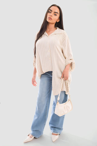 Oversized Long Sleeve Glitter Striped Button Down Shirt