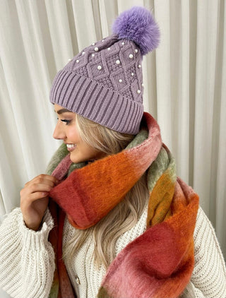 Pom Pom Knitted Winter Hat With Pearl Decor