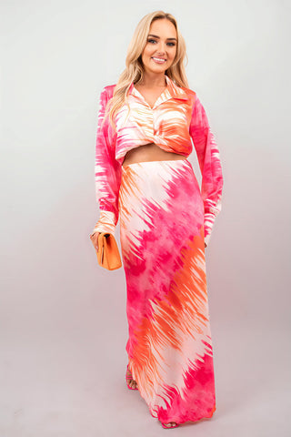 Printed Crop Long Sleeve Top and High Waisted Maxi Skirt Co-ord Set