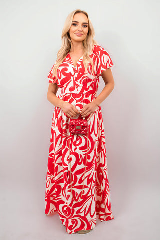 Printed Short Sleeve Button Down V-Neck Maxi Dress