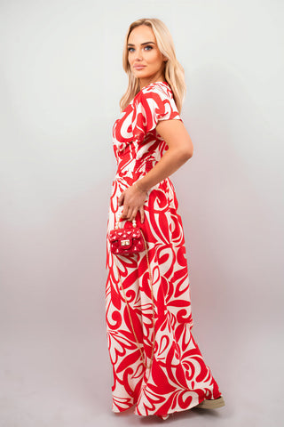 Printed Short Sleeve Button Down V-Neck Maxi Dress