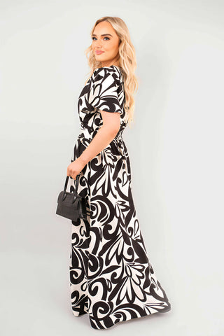 Printed Short Sleeve Button Down V-Neck Maxi Dress