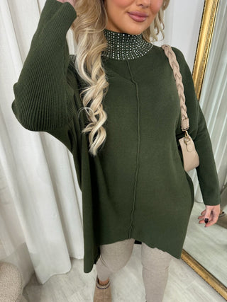 Rhinestone Detail High Neck Knitted Jumper