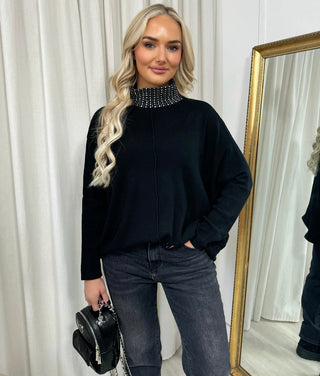 Rhinestone Detail High Neck Knitted Jumper
