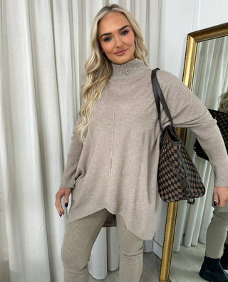 Rhinestone Detail High Neck Knitted Jumper
