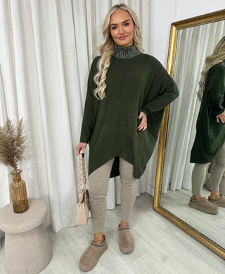 Rhinestone Detail High Neck Knitted Jumper