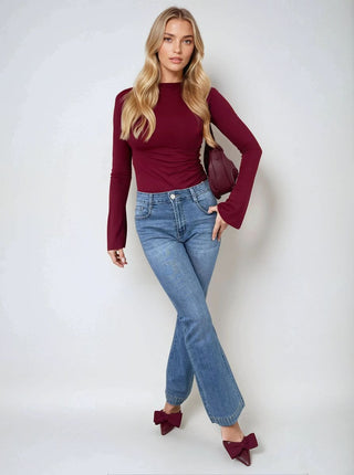 Rhinestone Hem High Waist Flare Jeans