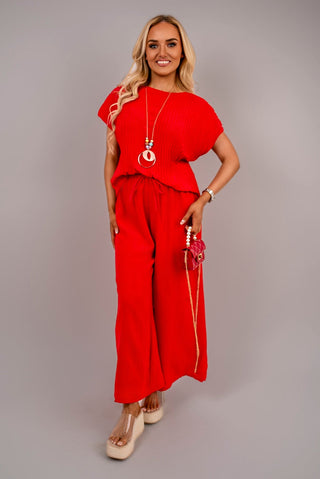 Ribbed Short Sleeve Top and Wide Leg Trouser Co-ord Set