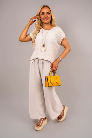 Ribbed Short Sleeve Top and Wide Leg Trouser Co-ord Set
