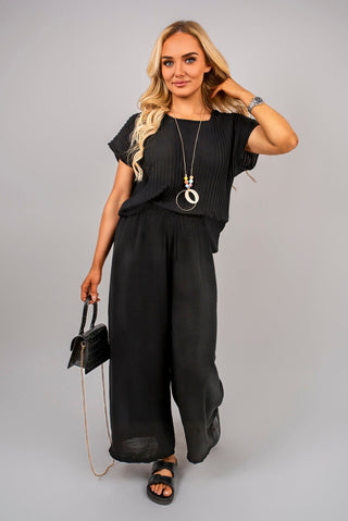 Ribbed Short Sleeve Top and Wide Leg Trouser Co-ord Set