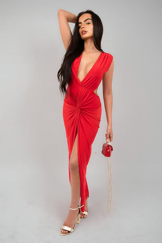 Ruched Backless V Slit Women Bodycon Maxi Dress