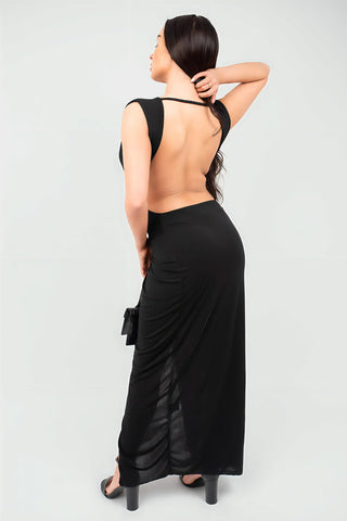 Ruched Backless V Slit Women Bodycon Maxi Dress