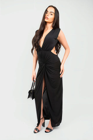 Ruched Backless V Slit Women Bodycon Maxi Dress