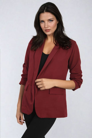 Ruched Sleeve Open Front Blazer Jacket with Front Pockets