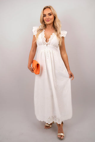 Ruffle Short Sleeve V-Neck Button Front Lace Detail Maxi Dress