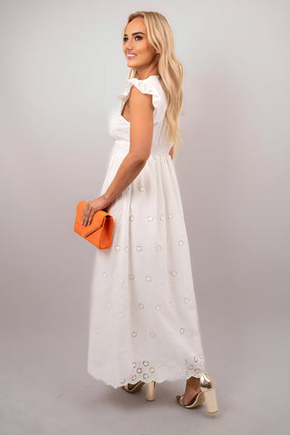 Ruffle Short Sleeve V-Neck Button Front Lace Detail Maxi Dress