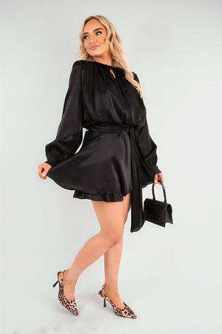 Satin Long Sleeve Ruffle Belted Mini Dress