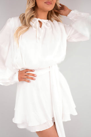 Satin Long Sleeve Ruffle Belted Mini Dress