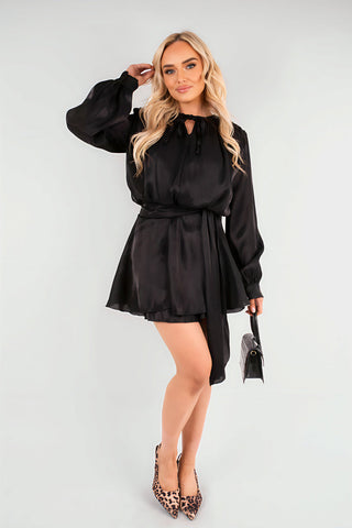 Satin Long Sleeve Ruffle Belted Mini Dress