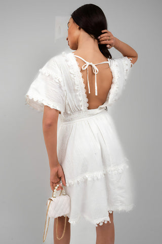 Short Sleeve Deep V-Neck Mini Dress with Open Back and Lace Trim