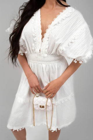 Short Sleeve Deep V-Neck Mini Dress with Open Back and Lace Trim