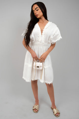 Short Sleeve Deep V-Neck Mini Dress with Open Back and Lace Trim