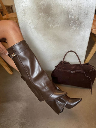 Skirted Fold Over Buckle Pointed Toe High Boots