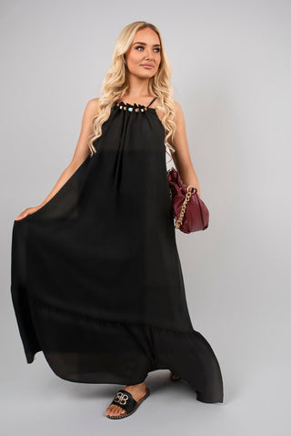 Sleeveless Beaded Halter Neck Maxi Dress with Tiered Hem