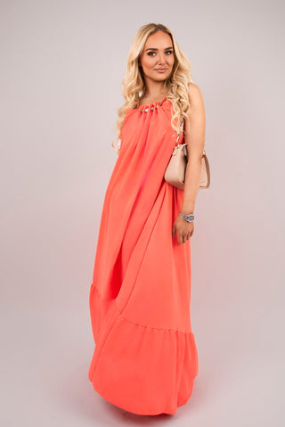 Sleeveless Beaded Halter Neck Maxi Dress with Tiered Hem