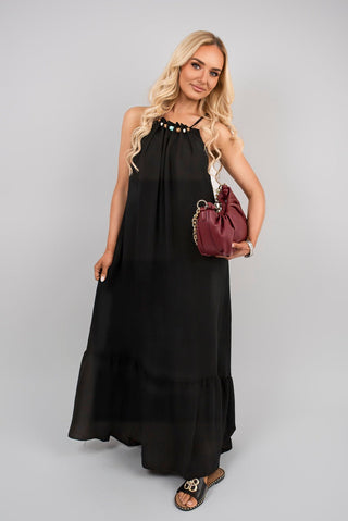 Sleeveless Beaded Halter Neck Maxi Dress with Tiered Hem