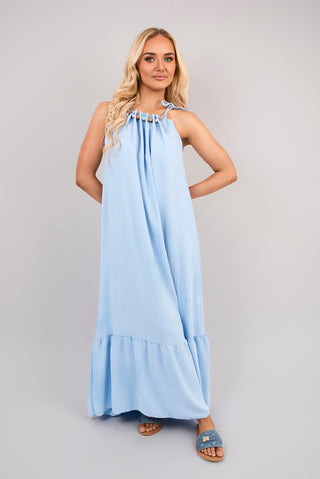 Sleeveless Beaded Halter Neck Maxi Dress with Tiered Hem