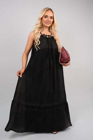 Sleeveless Beaded Halter Neck Maxi Dress with Tiered Hem