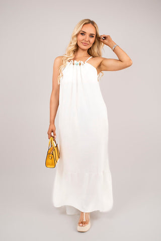 Sleeveless Beaded Halter Neck Maxi Dress with Tiered Hem