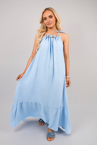Sleeveless Beaded Halter Neck Maxi Dress with Tiered Hem